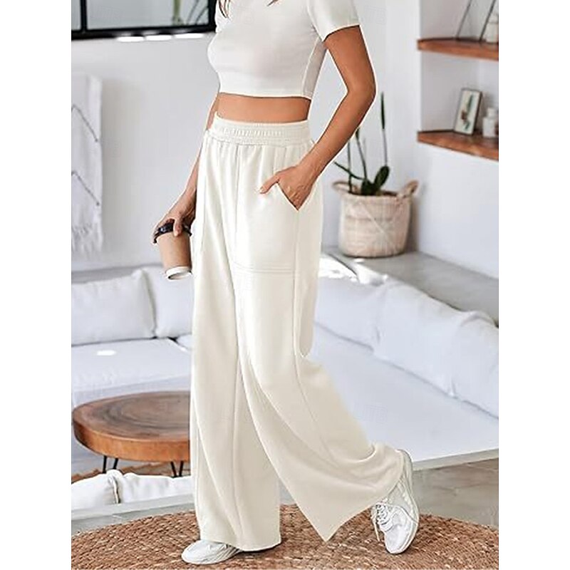 Women's Sweatpants Wide Leg Chinos Fashion Streetwear Full Length High Waist Plain Pocket Elastic Waistband Comfy Soft Comfortable Micro-elastic Outdoor Street Black White Gray Spring & Fall Regular 10