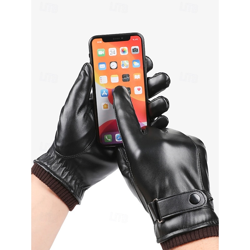 Men's Winter Faux Leather Gloves with Buckle Strap – Warm Lined Gloves for Cold Weather, Touchscreen Compatible