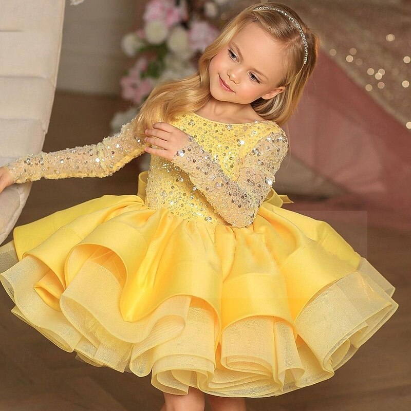 Kids Girls' Party Dress Solid Color Long Sleeve Performance Mesh Princess Sweet Mesh Mid-Calf Sheath Dress Tulle Dress Summer Spring Fall kids Ivory Yellow Wine