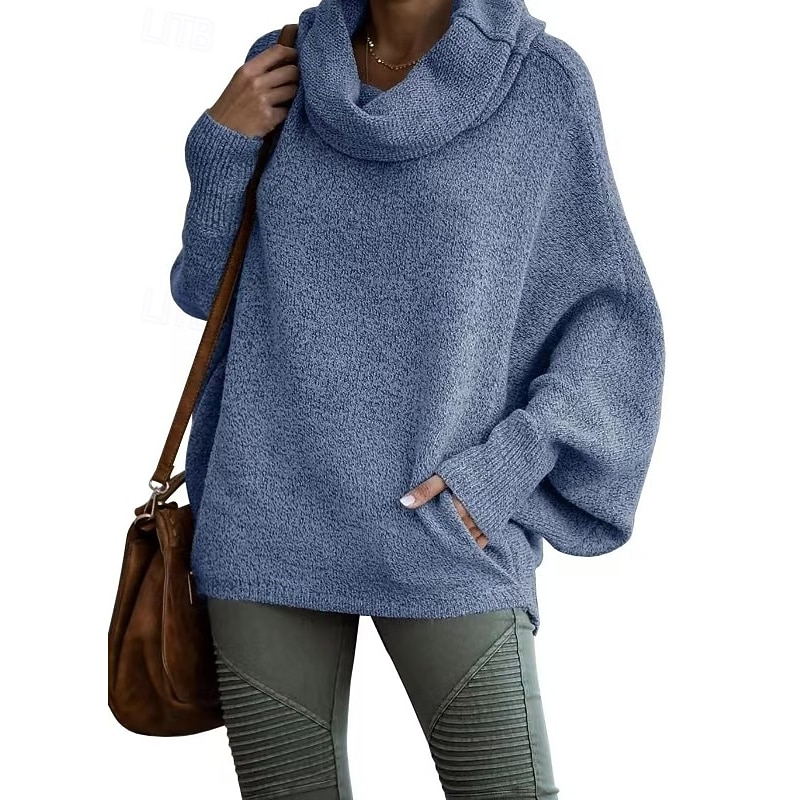 Women's Oversized Sweater Cowl Neck Knit Knitted Flared sleeves Fall Winter Work Going out Fashion Daily Long Sleeve Solid Color Red Blue2