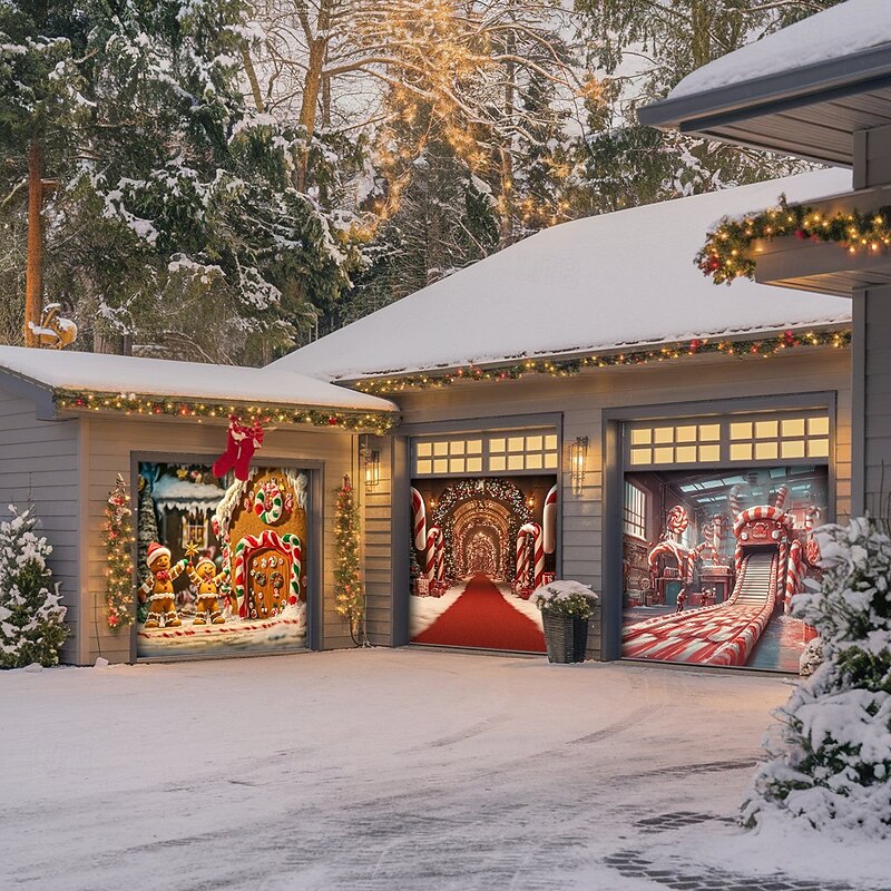 Christmas Door Decorations Garage Door Cover Xmas Candy Canes Gifts Gingerbread Outdoor Banner Large Christmas Backdrop for Holiday Outdoor Garage Door Home Wall Decorations 23