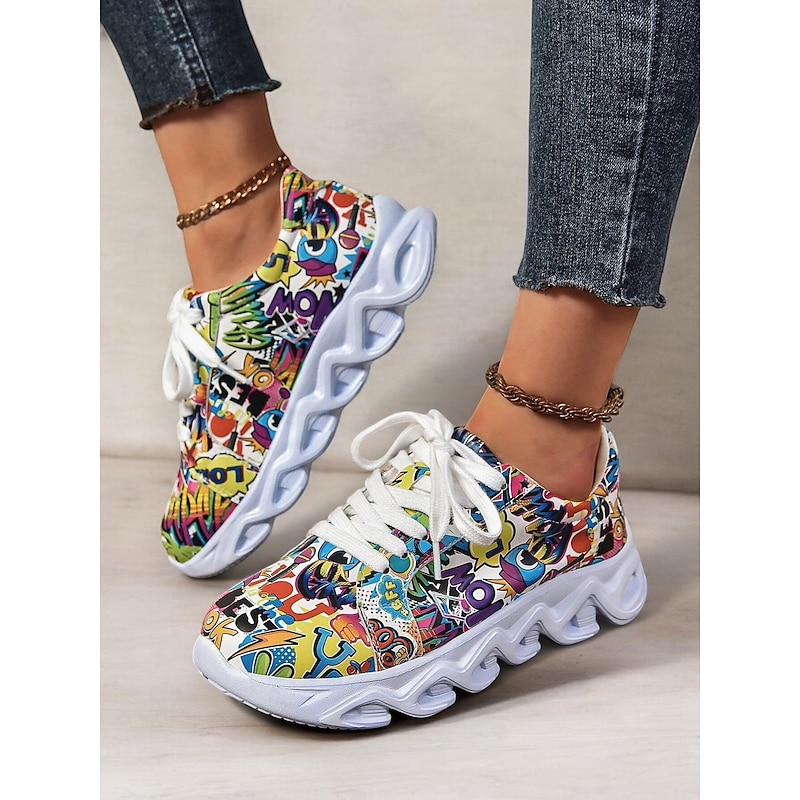 Women's Colorful Graphic Print Sneakers – Trendy Lightweight Lace-Up Athletic Shoes with Cushioned Sole