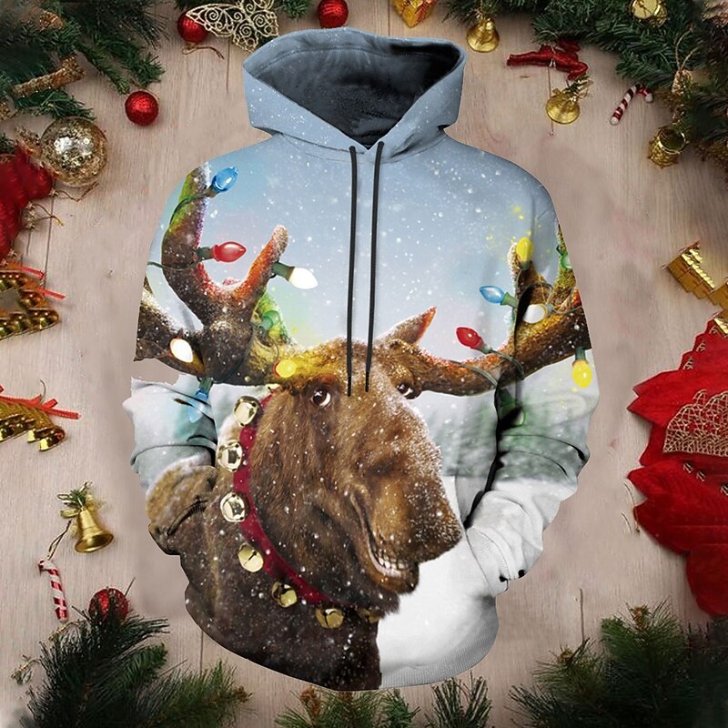 Christmas Men's Christmas animal 3D Hoodies Pullover Graphic Prints Reindeer Ugly  Print Hooded Casual Daily Sports 3D Print Sportswear Casual Hoodies3