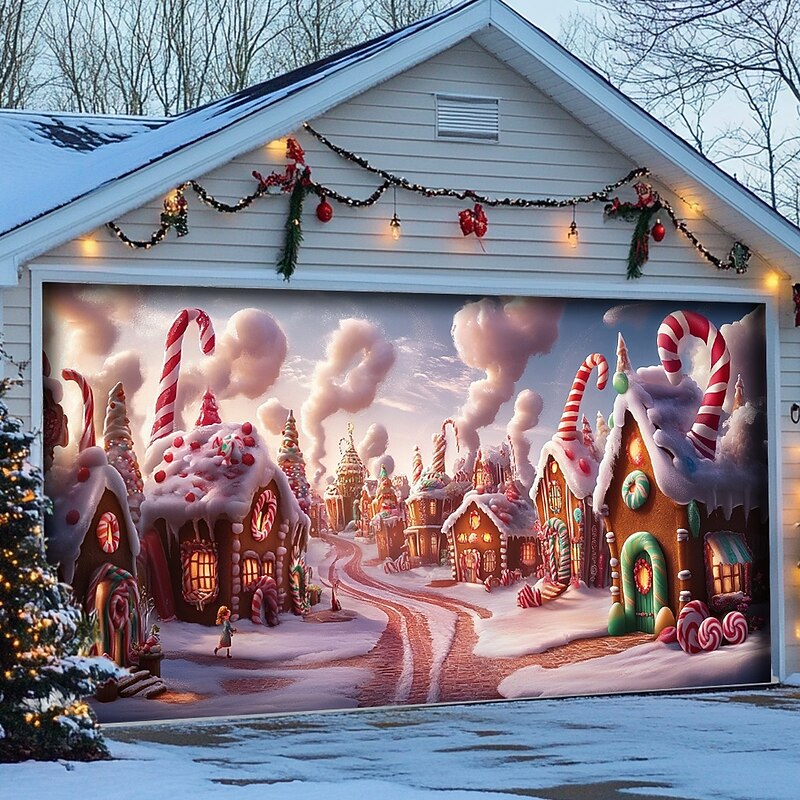 Christmas Door Decorations Outdoor Garage Door Cover Xmas Candy Canes Banner Farmhouse Large Christmas Backdrop for Holiday Outdoor Garage Door Home Wall Decorations4