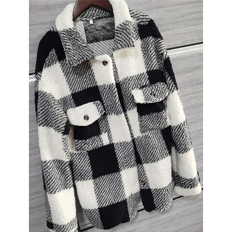 Women's Fleece Jacket Teddy Coat Warm Breathable Pocket Fleece Lined Casual Plain Vacation Street Daily Wear Going out Single Breasted Regular Turndown Regular Fit Long Sleeve Outerwear Black Khaki3