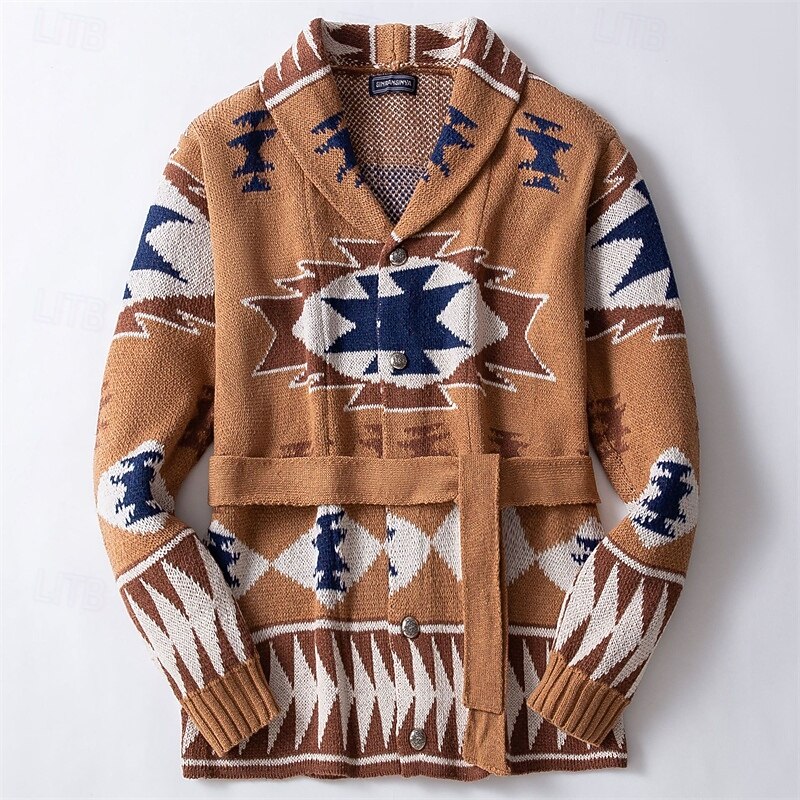 Men's Jacquard Sweater Cardigan Sweater Cropped  Sweater Ribbed Knit Regular Button Up Knitted Vintage Shawl Collar Fashion Classic Daily Wear Date Clothing Apparel Fall & Winter Brown M L XL