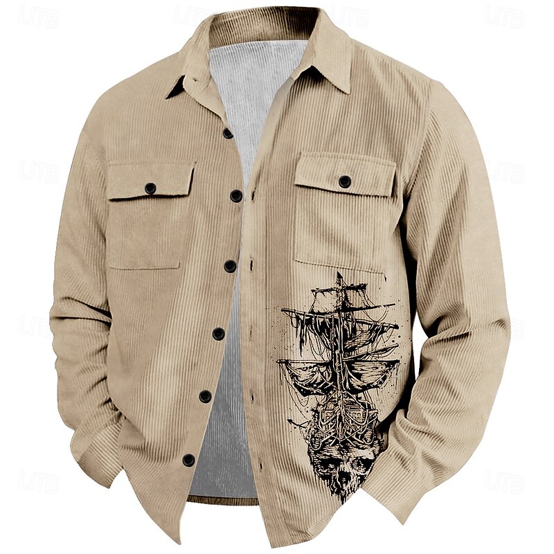 Men's Nautical Corduroy Shirt Shirt Jacket Overshirt Long Sleeve Vintage Tribal Outdoor Dailywear Fall & Winter Turndown Collared Shirts Buttons 3D Print 2 Pockets 1pc Black Grey Navy Blue Brown4