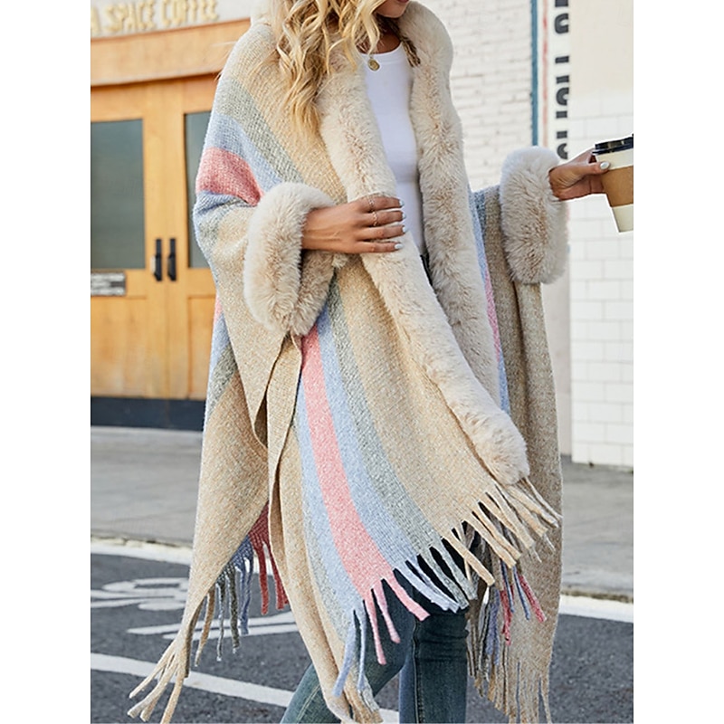 Women's Cloak / Capes Outdoor Street Daily Wear Fall Winter Regular Coat Regular Fit Thermal Warm Breathable Stylish Casual Jacket Long Sleeve Stripe Faux Fur Trim Khaki Apricot Gray3