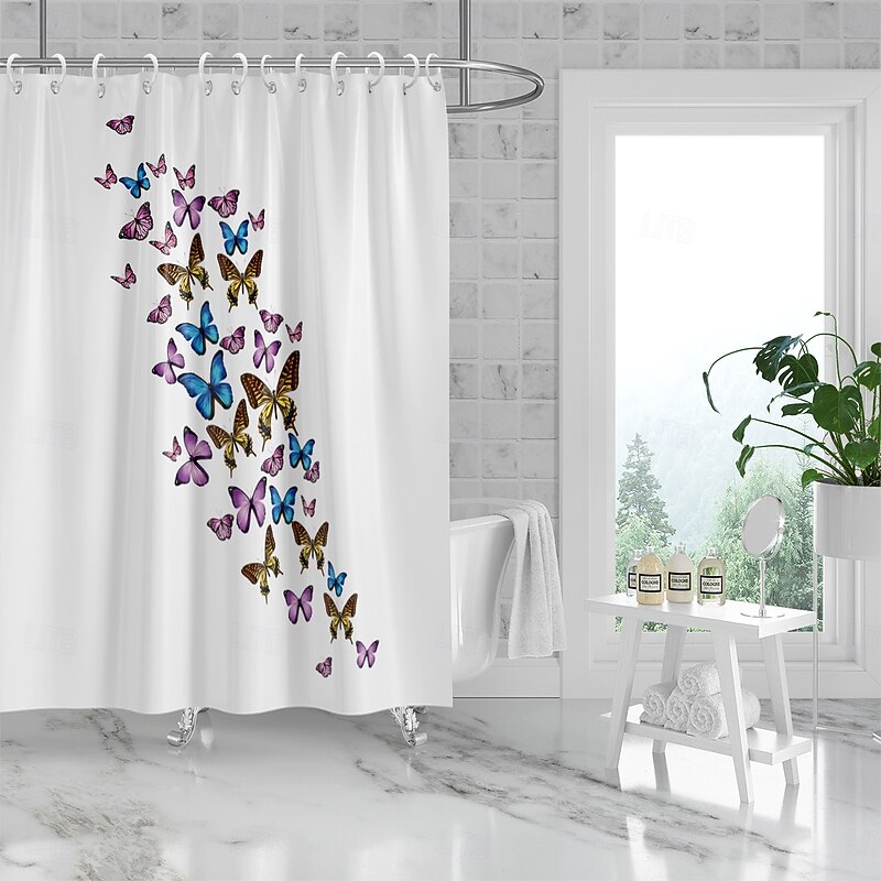 Shower Curtain with Hooks 180cm*180cm(70"*70") Polyester Washable Waterproof Pattern Bathroom Bathtub Decor Vintage Butterfly3
