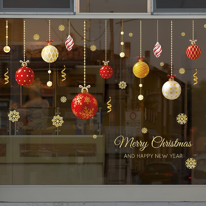 Christmas New Year Theme Wall Stickers Colored Ball Santa Claus Stocking Stickers Shop Glass Window Decoration 70*100cm4