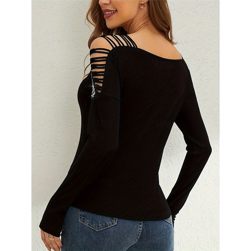 Women's Sequin Sparkly Party Glitter Plain Fashion Modern Casual Long Sleeve V Neck Regular Tops Daily Weekend Patchwork Cut Out Black Green Fall2