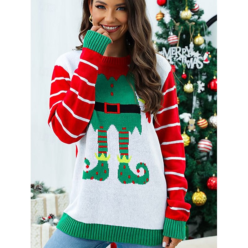 Elf Ugly Christmas Sweater Pullover Jumper Women's Christmas Novelty Funny Knitted Pattern Adults Christmas New Year Christmas Eve Christmas Party Top