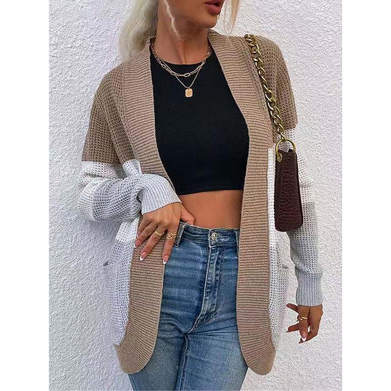 Women's Sweater Cardigan Casual Soft Color Block Ribbed Open Front Pocket Knitted Long Sleeve Regular Tops Knit Outdoor Daily Weekend Blue Khaki Fall Winter