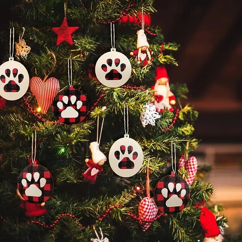 30pcs Christmas Wooden Ornaments, Xmas Tree Pendant Decoration - Buffalo Check Dog Cat Paw Print Design with Hanging String, Red and Black2
