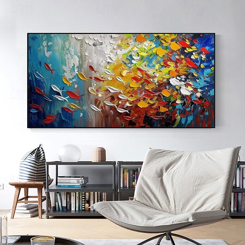 Modern Abstract Colorful Fish Wall Art Canvas Hand-painted Colorful Fish Oil Painting on Canvas Handmade Ocean Animal Artwork Modern Rolled Canvas (No Frame)3