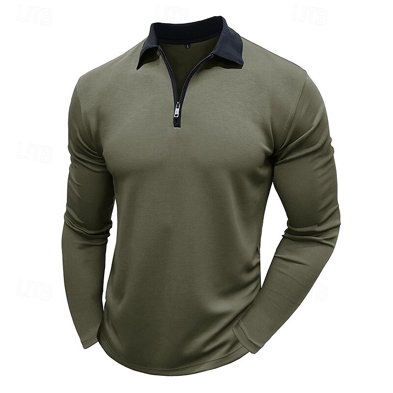 Men's Polo Shirt Quarter Zip Polo Street Vacation Quarter Zip Long Sleeve Fashion Basic Solid Color Pocket Spring &  Fall Regular Fit Black White Burgundy Navy Blue Khaki Army Green Polo Shirt2