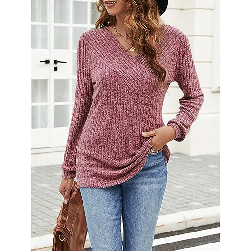 Women's Sweater Pullover Sweater Jumper Casual Soft Pure Color Ribbed V Neck Knitted Long Sleeve Regular Tops Knit Outdoor Daily Weekend Black Fuchsia Fall Winter