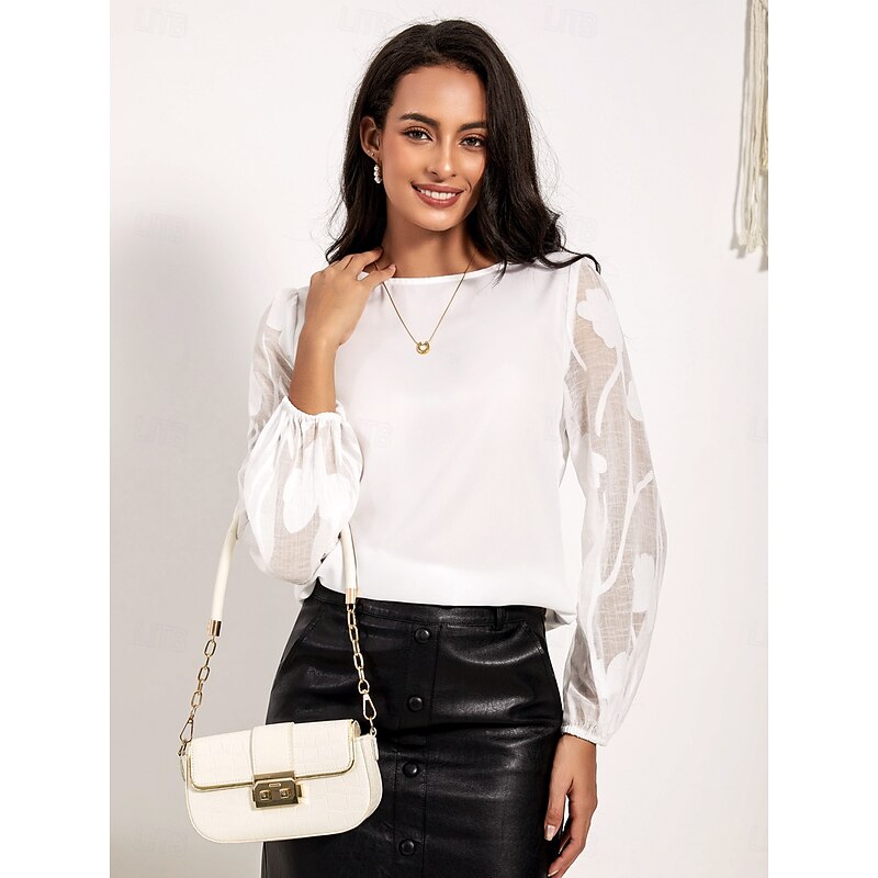 Women's Tunic Solid Color Modern Casual Long Sleeve Crew Neck Regular Tops Daily Patchwork White Spring Fall