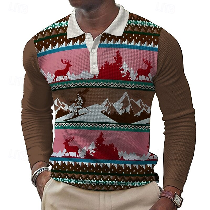 Men's Ski Deer Waffle Polo Shirts Golf Shirt Long Sleeve Polo Shirts Collared Shirts Vintage Casual Outdoor Dailywear Holiday Buttons 3D Print Spring Fall Winter Blue Brown Army Green3