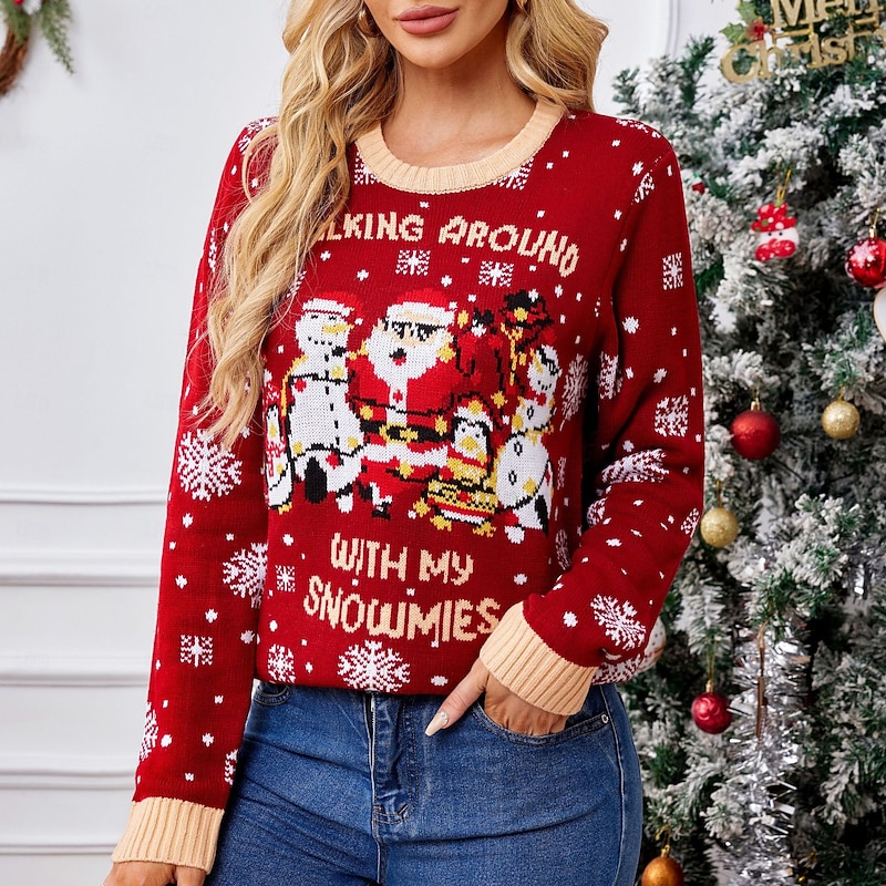 Snowman Santa Claus Ugly Christmas Sweater Pullover Jumper Women's Christmas Novelty Funny Knitted Light Up Pattern Adults Christmas New Year Christmas Eve Christmas Party Top