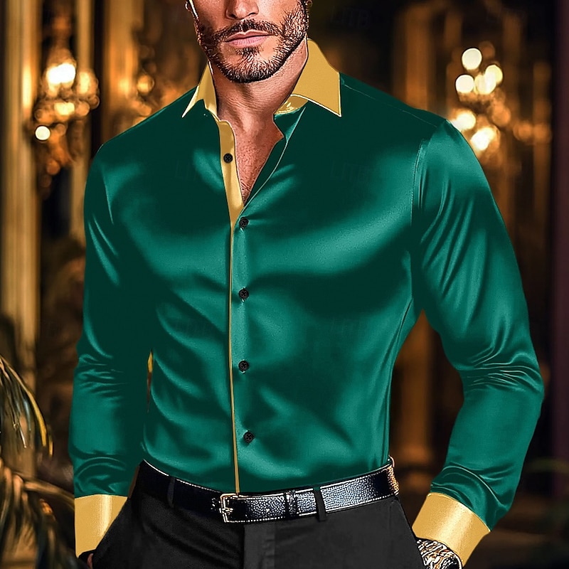 Men's Shirt Satin Shirt Casual Shirt Button Up Shirt Disco Shirt Patchwork Performance Wedding Black White Wine Green Long Sleeve Lapel Spring &  Fall Clothing Apparel Patchwork4