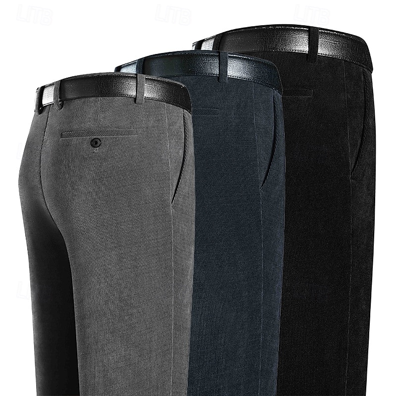 Men's Dress Pants Corduroy Pants Trousers Chinos Buttons Pocket Solid Color Comfort Formal Party Work Fashion Classic Style Black Dark Gray Micro-elastic