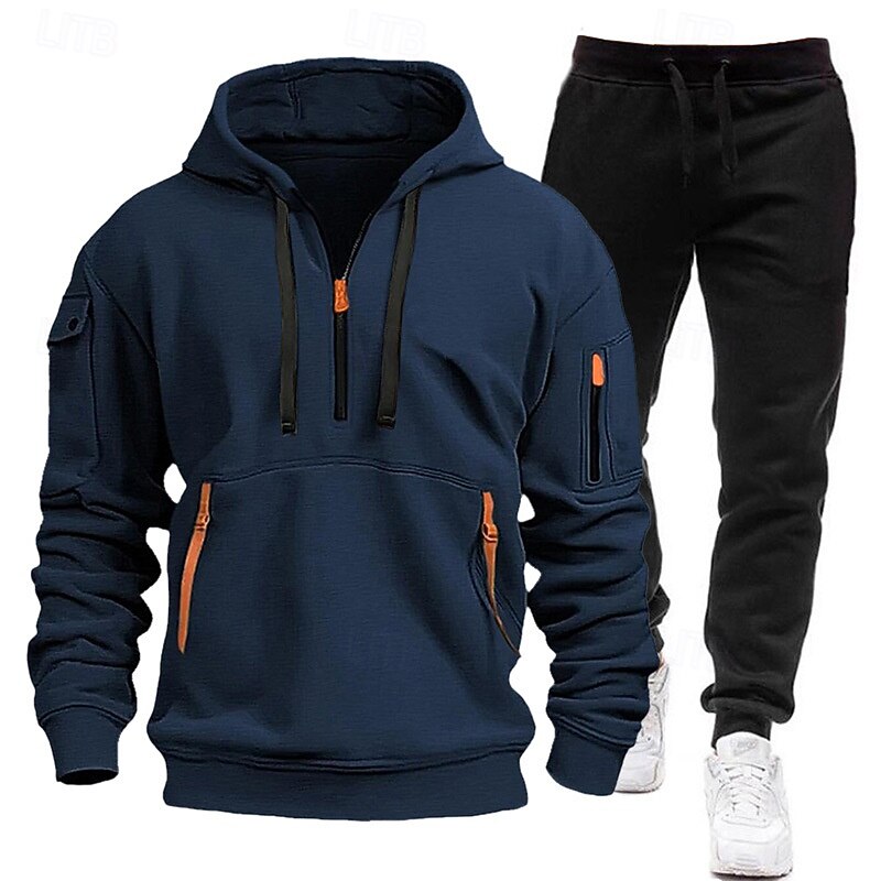 Men's Hoodie Tracksuit Sweatsuit Black White Navy Blue Blue Light Grey Hooded Half Zip Plain 2 Piece Sports & Outdoor Daily Holiday Polyester Streetwear Casual Spring &  Fall Clothing Apparel Hoodies3