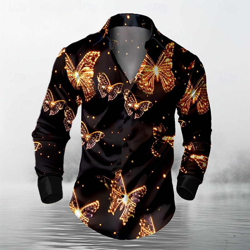 Men's Butterfly Satin Shirt Dress Shirt Button Up Shirt Long Sleeve Fashion Casual Vacation Party Evening Wear Dailywear Summer Spring Fall Collared Shirts 3D Print Black