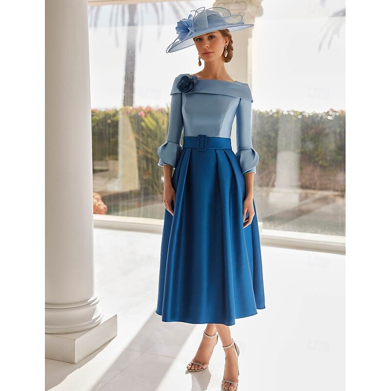 A-Line Cocktail Dresses Beach Wedding Elegant Dress Formal Ankle Length 3/4 Length Sleeve Boat Neck Belt / Sash Satin with Shouder Flower Dresses