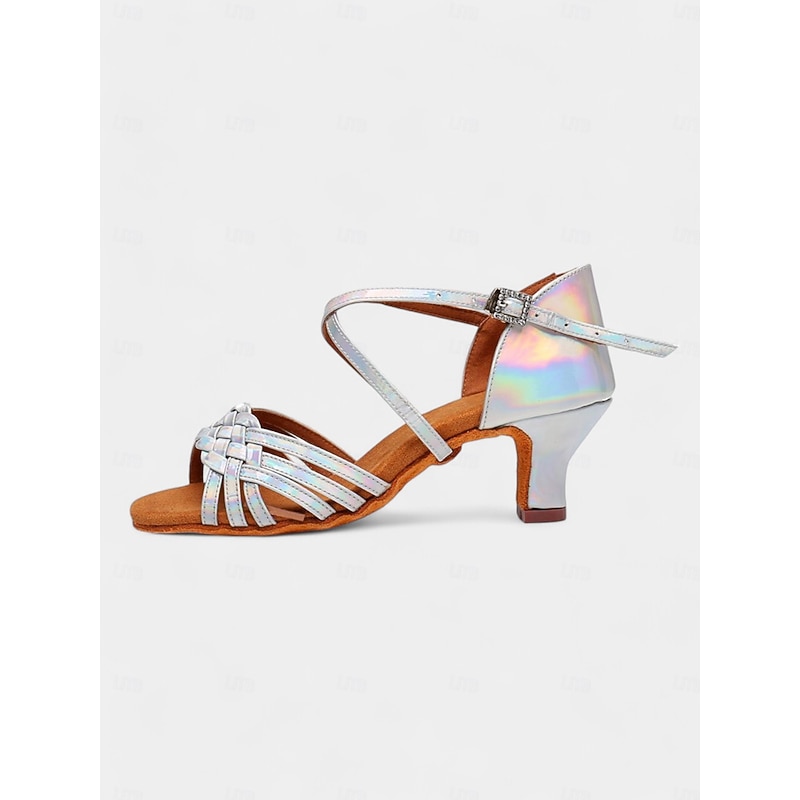Women's Silver Holographic Dance Sandals with Soft Suede Sole, Cross-Strap Design and Low Heel - Ideal for Salsa, Latin, and Ballroom Dancing