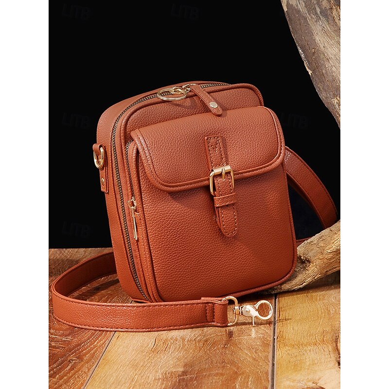 Women's Vintage Brown Faux Leather Crossbody Bag with Front Buckle Detail – Compact and Stylish Design2