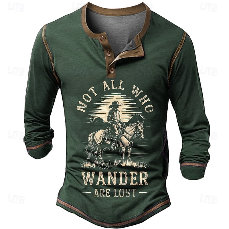 Men's Long Sleeve Henley T-Shirt with 'Not All Who Wander Are Lost' Graphic - Adventure & Exploration Lifestyle Tee2