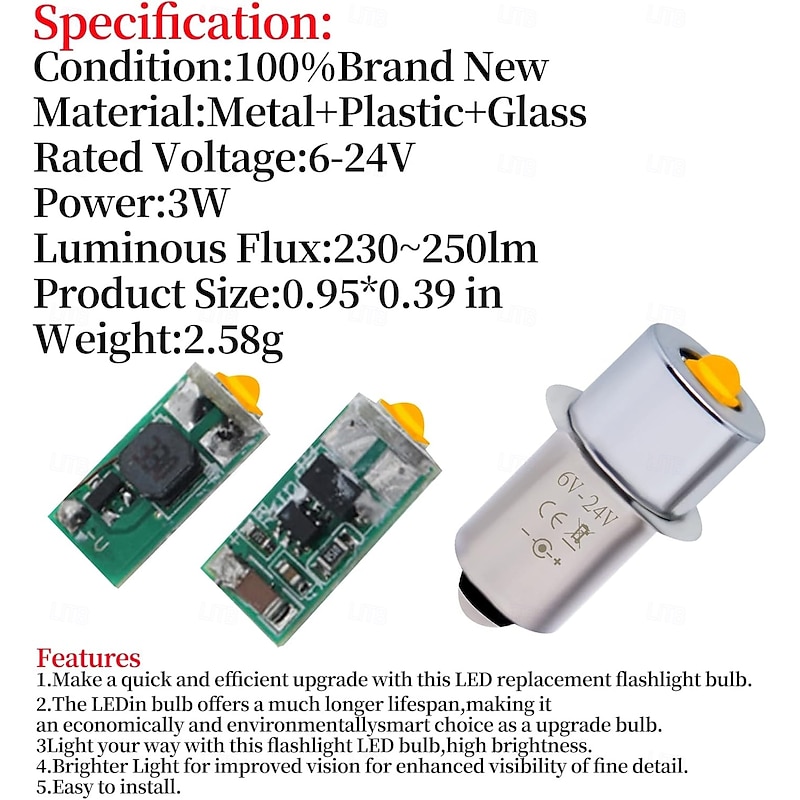 LED Flashlight Bulb P13.5S 3W Multi-Voltage Non-Polarity Torch Lantern Bulbs, 2pcs 6V-24V4