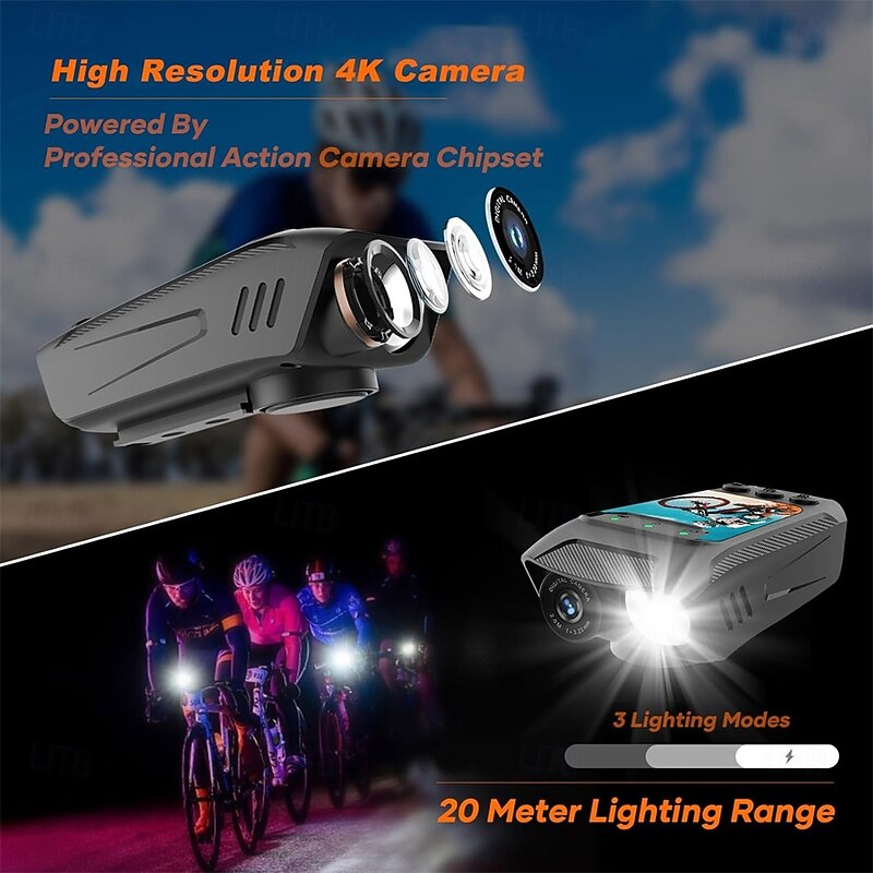 Multifunctional Cycling Camera Bicycle Camera Motorcycle Camera Rainproof 2.0 Inch IPS Color Screen WiFi Connection with LED Flashlight Bike Horn Build-in Battery for Outdoor Cycling 4K 60hz3