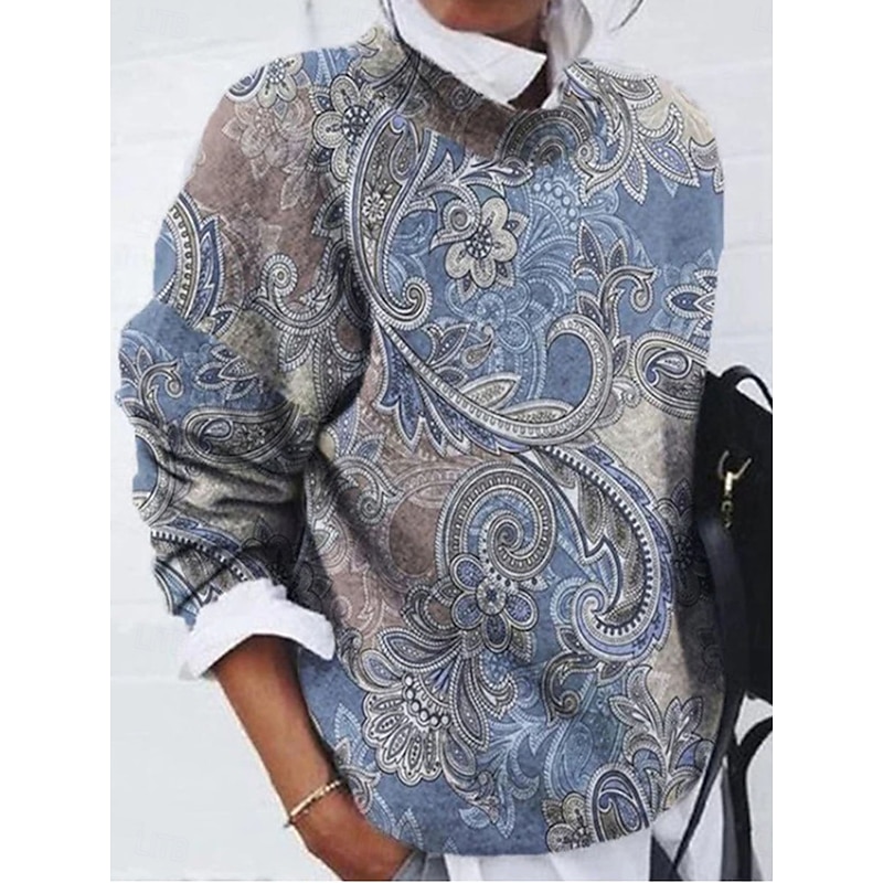 Women's Shirt Blouse Floral Paisley Basic Casual Long Sleeve Crew Neck Regular Tops Daily Print Blue Brown Gray Fall Winter