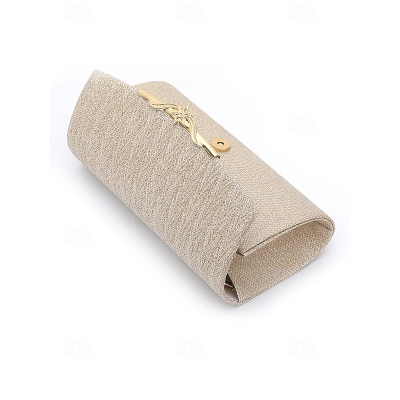 Elegant Gold Glitter Evening Clutch - Women's Party Handbag with Chain Strap and Decorative Metal Accent for Weddings and Formal Events4