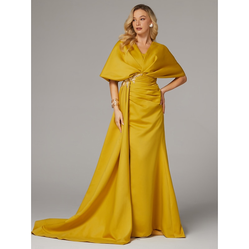 Sheath Evening Gown Elegant Dress Formal Sweep / Brush Train Half Sleeve Floor Length V Neck Satin with Pleats Ruched Crystals