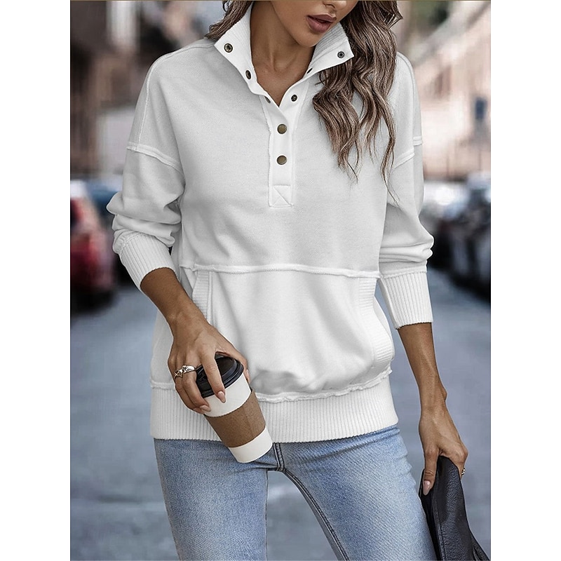 Women's Sweatshirt Casual Plain Street Dailywear Turtleneck Buttons Long Sleeve White Pink Gray Fall Winter4
