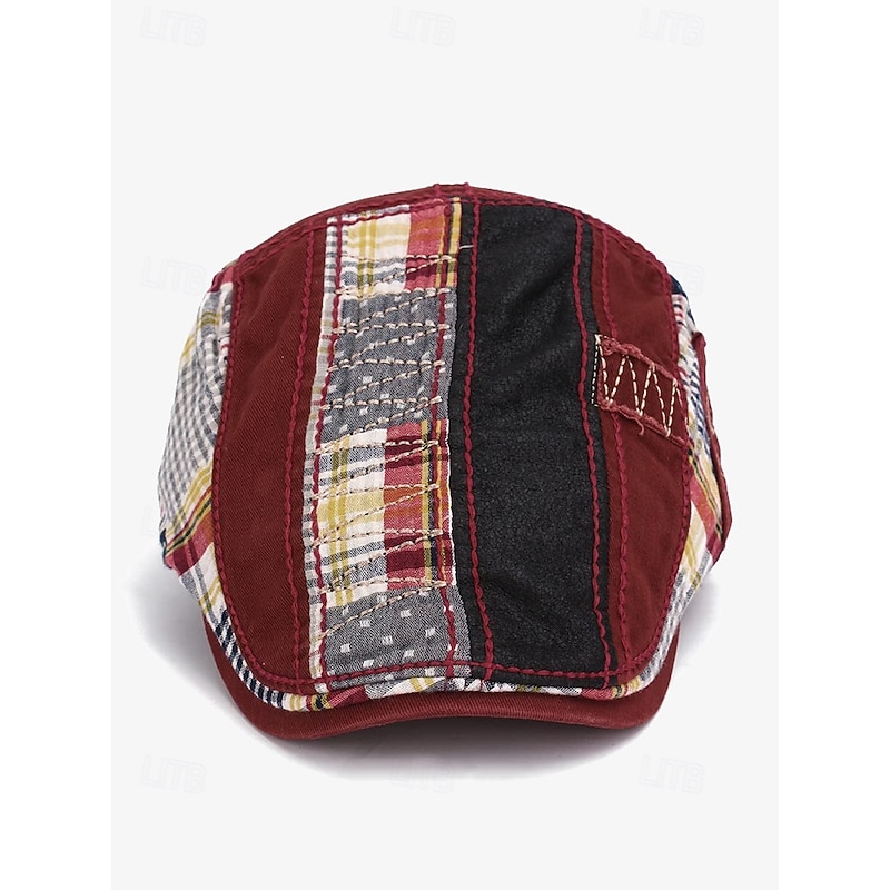 Men's Patchwork Plaid Flat Cap – Retro Newsboy Style Hat with Embroidered Details3