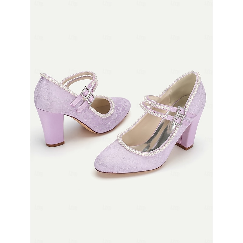 Women's Purple Lace Mary Jane Heels - Pearl Embellished Block Heels for Weddings, Parties, and Elegant Occasions