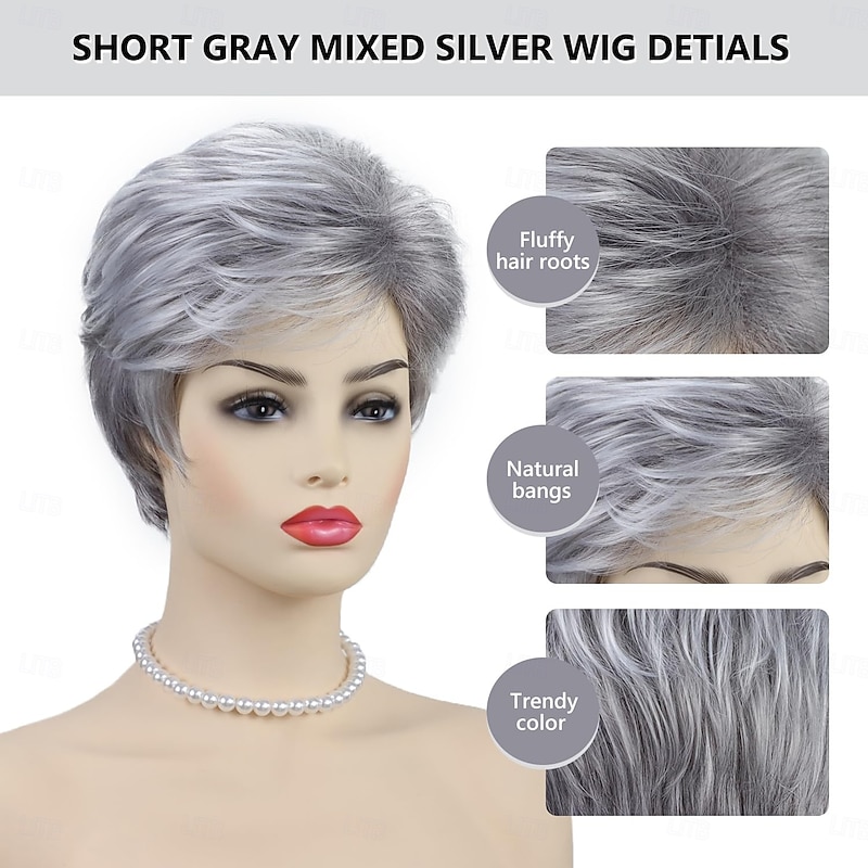 Short Grey Pixie Cut Wigs for White Women Natural Layered Short Silver White Wigs with Bangs Synthetic Fiber Gray Hair Short Wigs