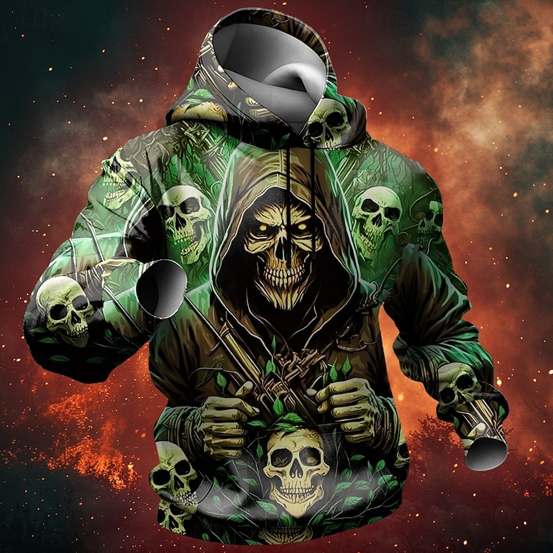 Men's Grim Reaper Dark Hoodies Sweatshirt Fashion Cool Long Sleeve Crew Neck Party Holiday Streetwear Green Drawstring Fall Winter Designer