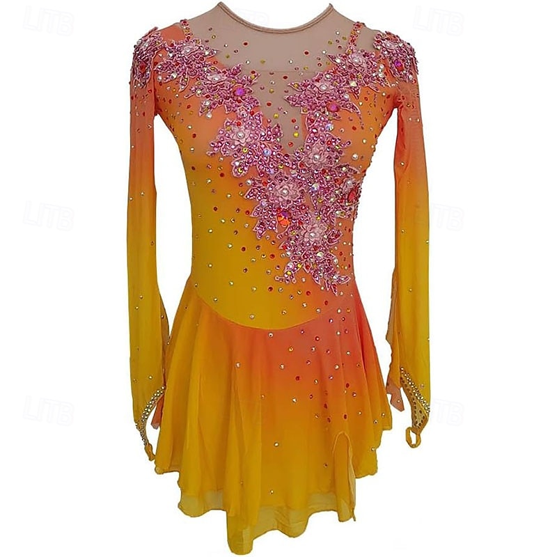 Figure Skating Dress Women's Girls' Ice Skating Dress Yellow High Elasticity Training Competition Skating Wear Classic Crystal / Rhinestone Long Sleeve Ice Skating Figure Skating