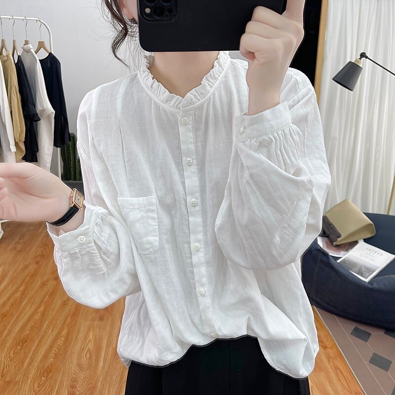 Women's Shirt Linen-Inspired Shirts Button Up Long Sleeve High Neck White Purple Orange Spring &  Fall4