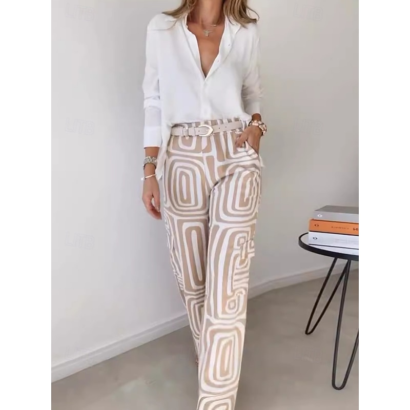 Women's Fashion Streetwear Daily Shirt Linen-Inspired Sets Two Piece Sets Dress Pants Long Sleeve Bishop Sleeve Shirt Collar Plain Printing Patchwork Print Formal Casual Daily Khaki Fall Regular Fit2