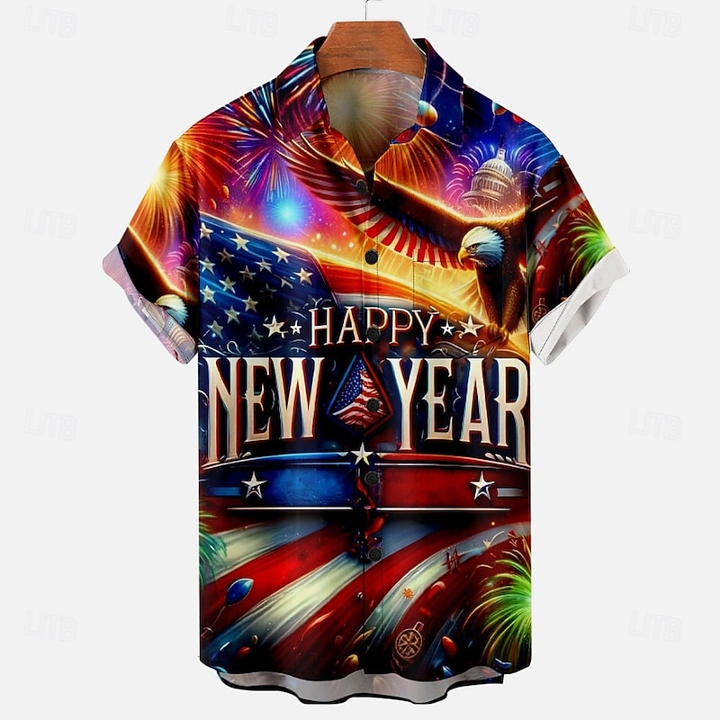 Men's American US Flag Eagle Happy New Year Summer Hawaiian Shirt Button Up Shirt Short Sleeve Casual Fashion Casual Vacation New Year Daily Summer Turndown Button Up 3D Print Red