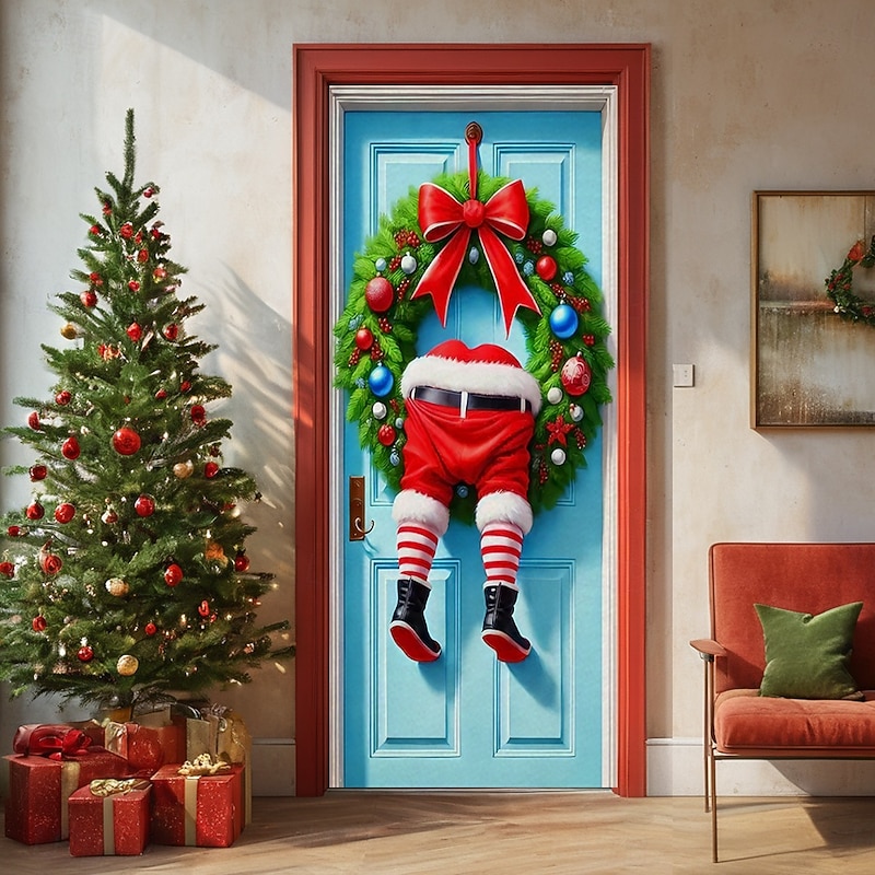 Christmas Door Decorations Door Covers Xmas Santa Steal Wreath Leg Door Tapestry Door Curtain Decoration Backdrop Indoor/Outdoor Door Banner for Front Door Farmhouse2