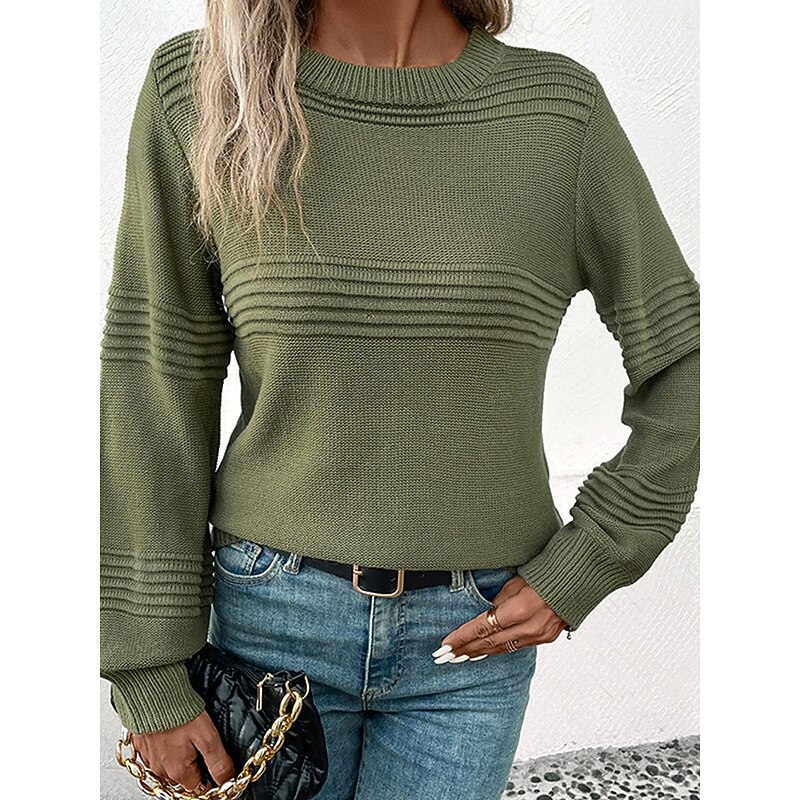 Women's Sweater Casual Soft Pure Color Ribbed Crew Neck Knitted Long Sleeve Regular Tops Knit Outdoor Daily Weekend Army Green Coffee Fall Winter4