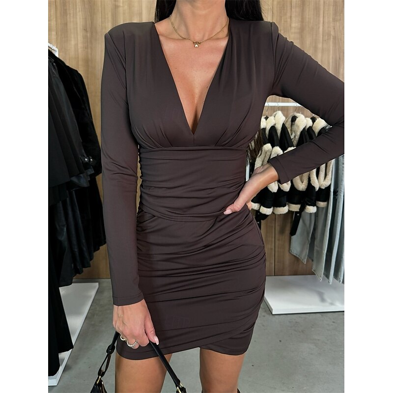 Women's Bodycon Floral Ruched Print V Neck Mini Dress Elegant Daily Date Long Sleeve Fall