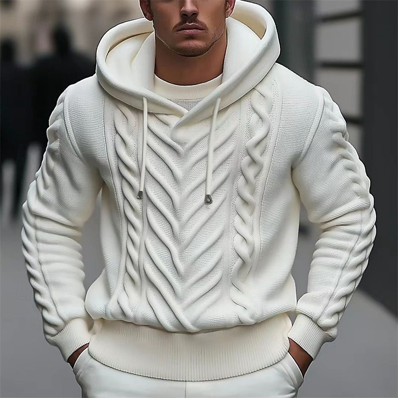Men's Pullover Sweater Jumper Knit Sweater Ribbed Cable Knit Regular Knitted Jacquard Plain Hooded Fashion Basic Daily Wear Date Clothing Apparel Fall & Winter White M L XL